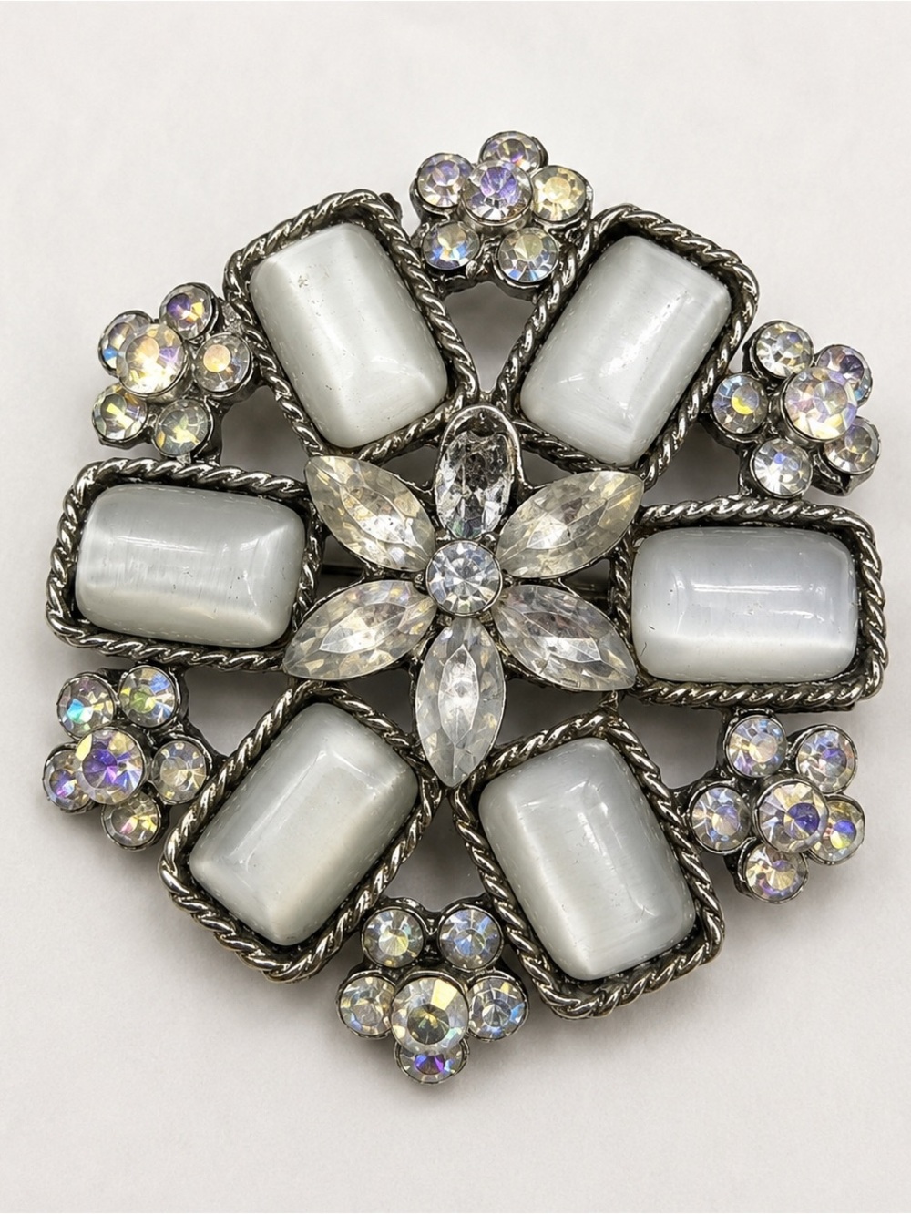 Vintage Floral Rhinestone Brooch White Cabochon Aurora Borealis